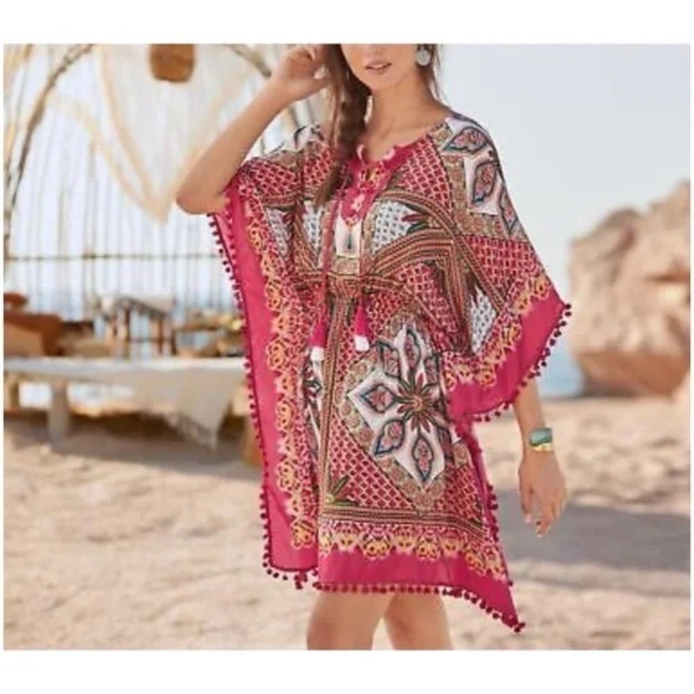 Sundance Women’s Size L Pink Multi Pom Pom Coverup Boho Print Atzi Beach Dress